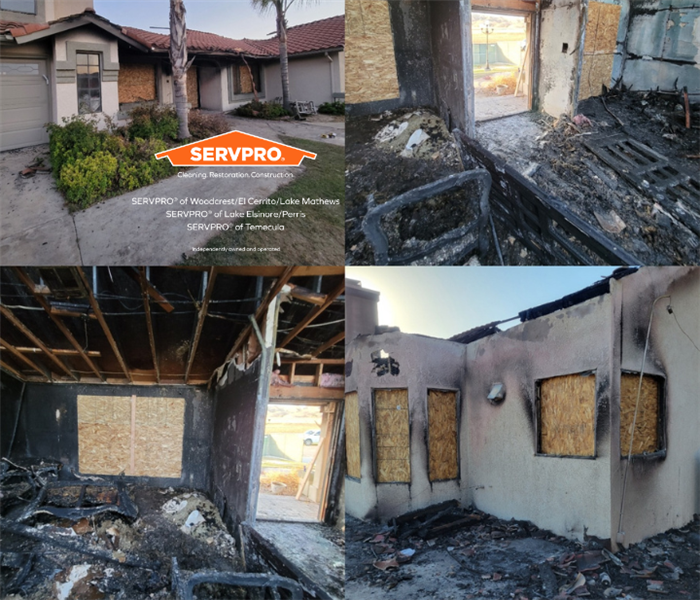 four piictures of a total loss house from a fire. Boarded up windows, belongings inside burnt. 