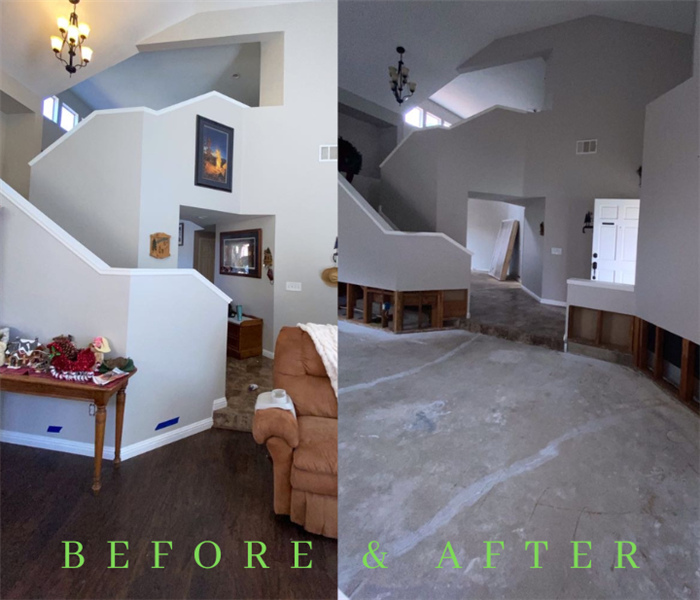 Before and after of flooded home showing SERVPRO's demo work.