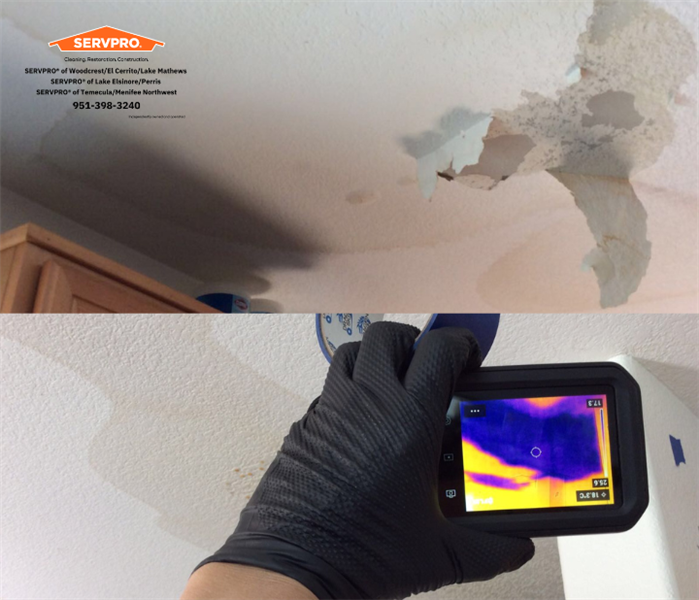 Water damage on ceiling and thermal detection camera showing damage through ceiling. 